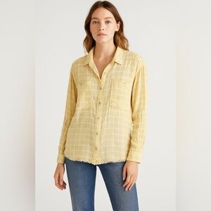 Free People Yellow Plaid Button Front Long Sleeve Frayed Hem Shirt Small